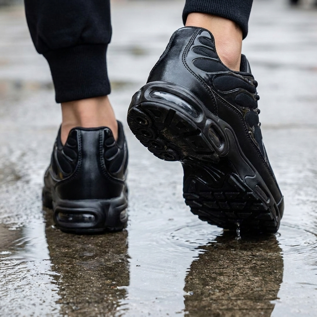 Anti-slip tread and air-cushion heel on wet concrete