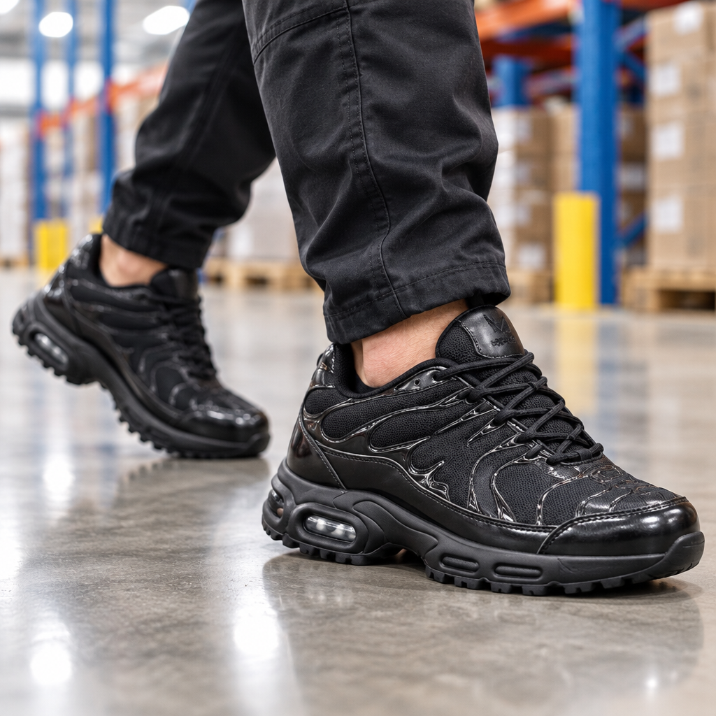Men's black anti-slip work shoes on a warehouse floor