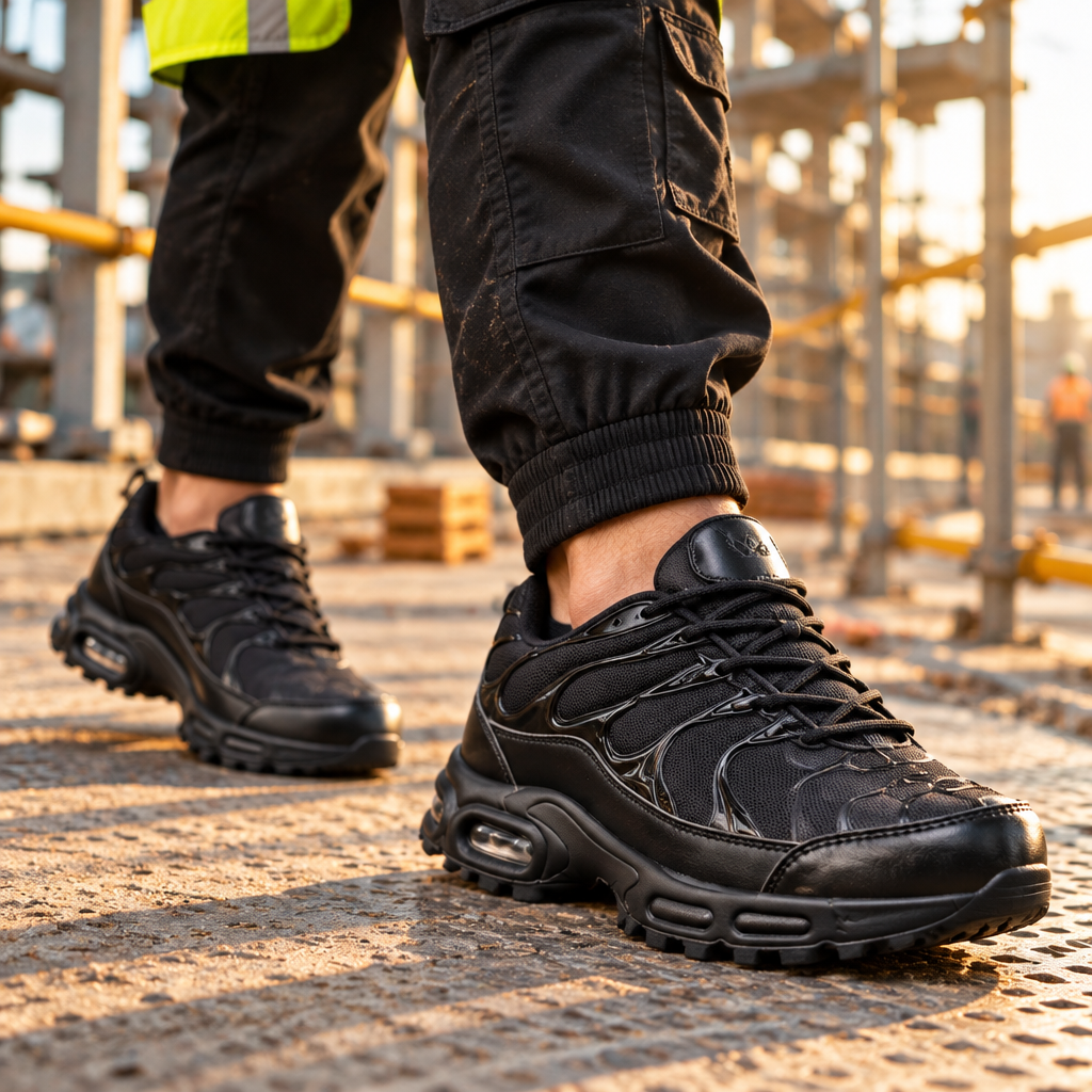 Men's black anti-slip work shoes on a construction site