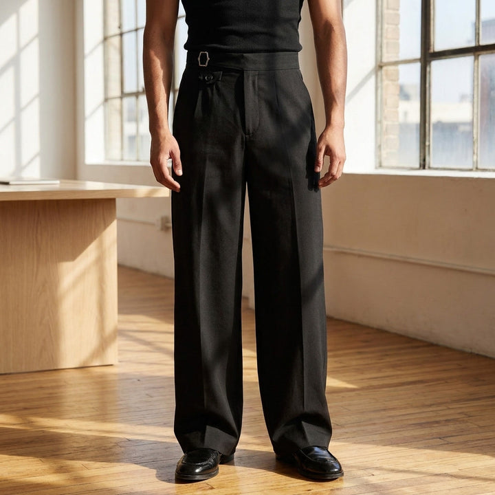 Black High-Rise Dual-Pleat Trousers worn front view