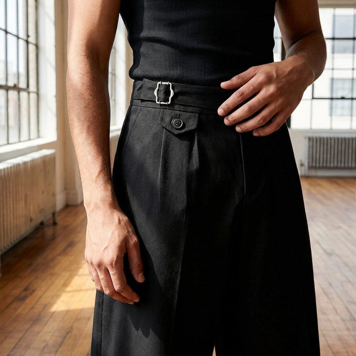 Black High-Rise Dual-Pleat Trousers waistband and pleat detail