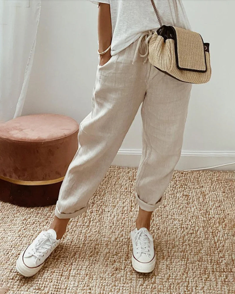 Beige High-Waist Elastic Trousers worn front view