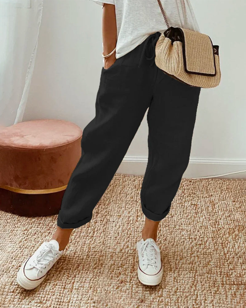 Black High-Waist Elastic Trousers worn front view