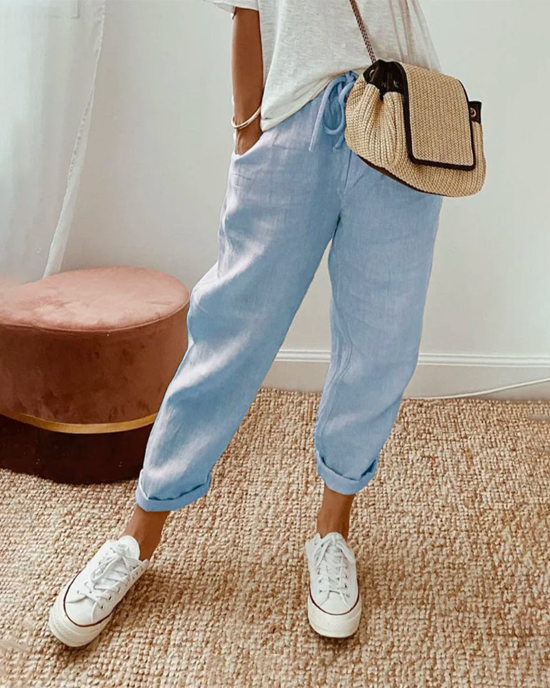 Blue High-Waist Elastic Trousers worn front view