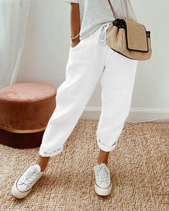 White High-Waist Elastic Trousers worn front view