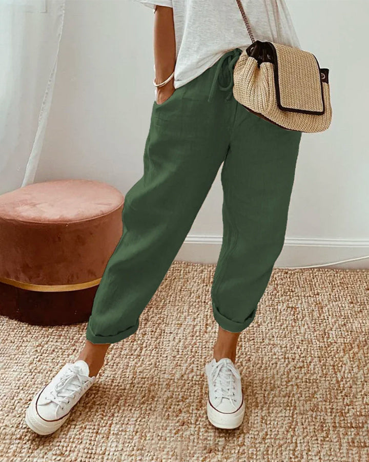 Green High-Waist Elastic Trousers worn front view