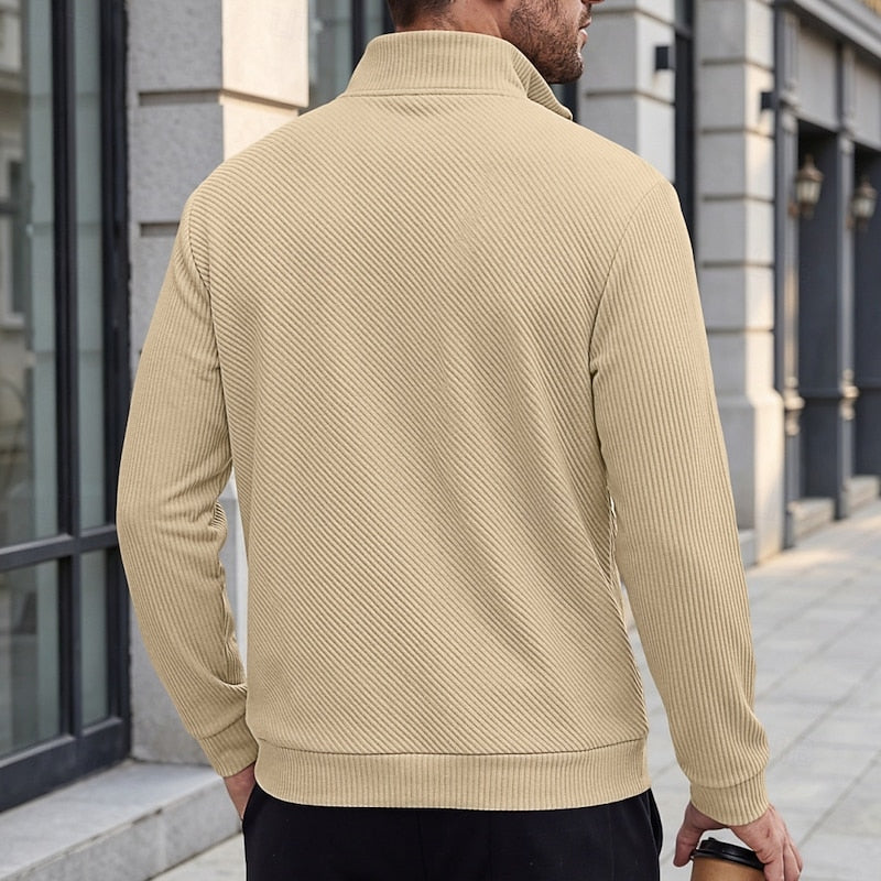 Diagonal Rib Quarter-Zip Sweater with Stand Collar