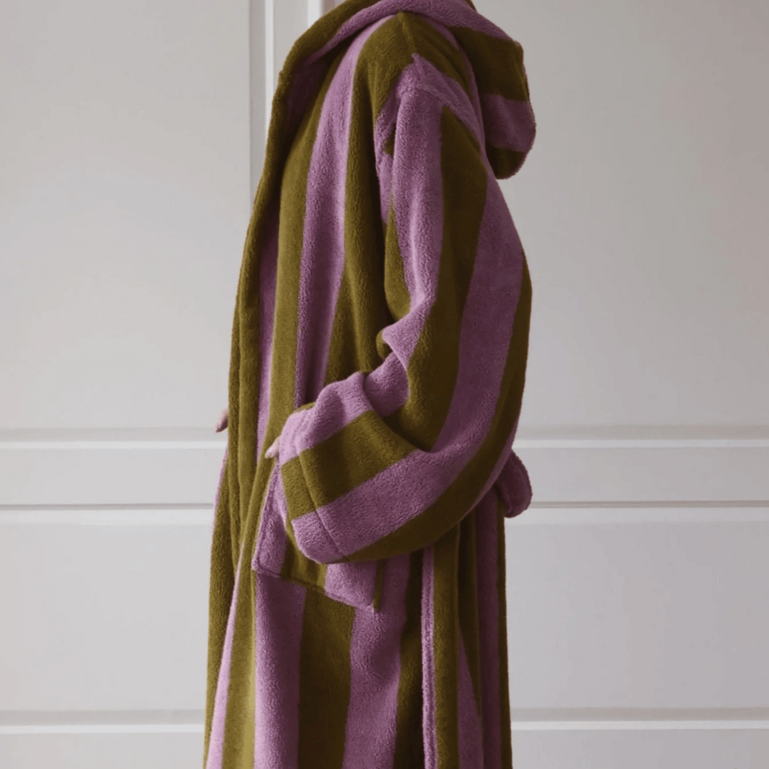 Pink & Brown Hooded Cotton Bathrobe with Bold Stripes side view