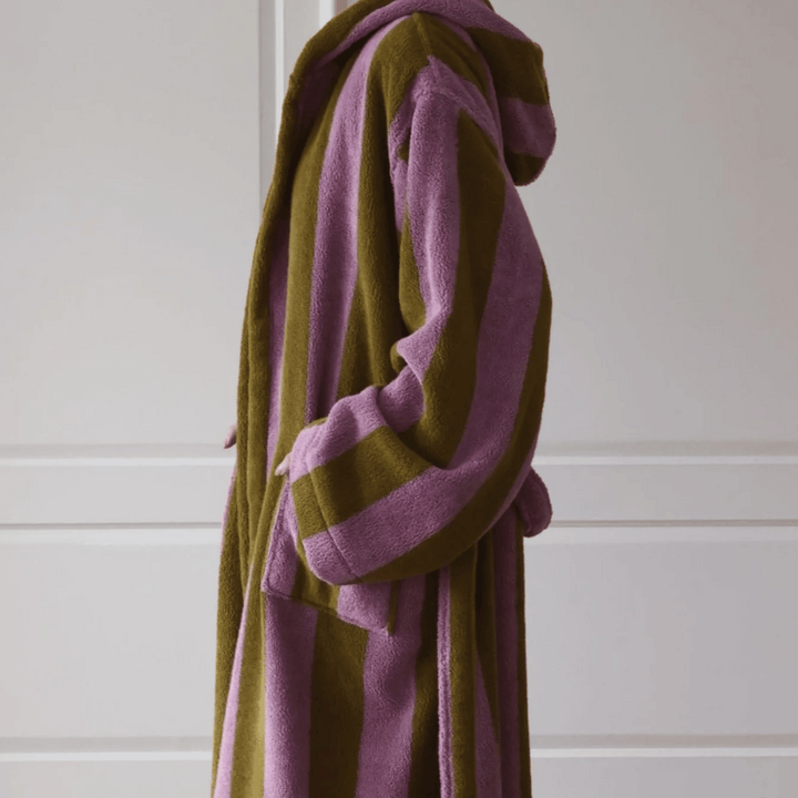 Pink & Brown Hooded Cotton Bathrobe with Bold Stripes side view
