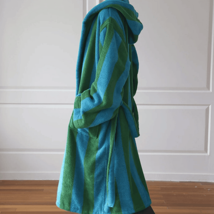 Blue & Green Hooded Cotton Bathrobe with Bold Stripes side view