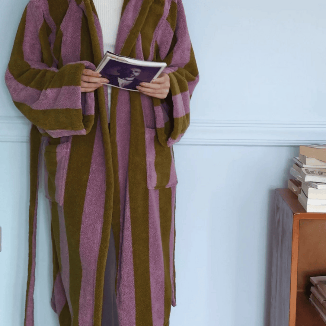 Pink & Brown Hooded Cotton Bathrobe with Bold Stripes front lifestyle