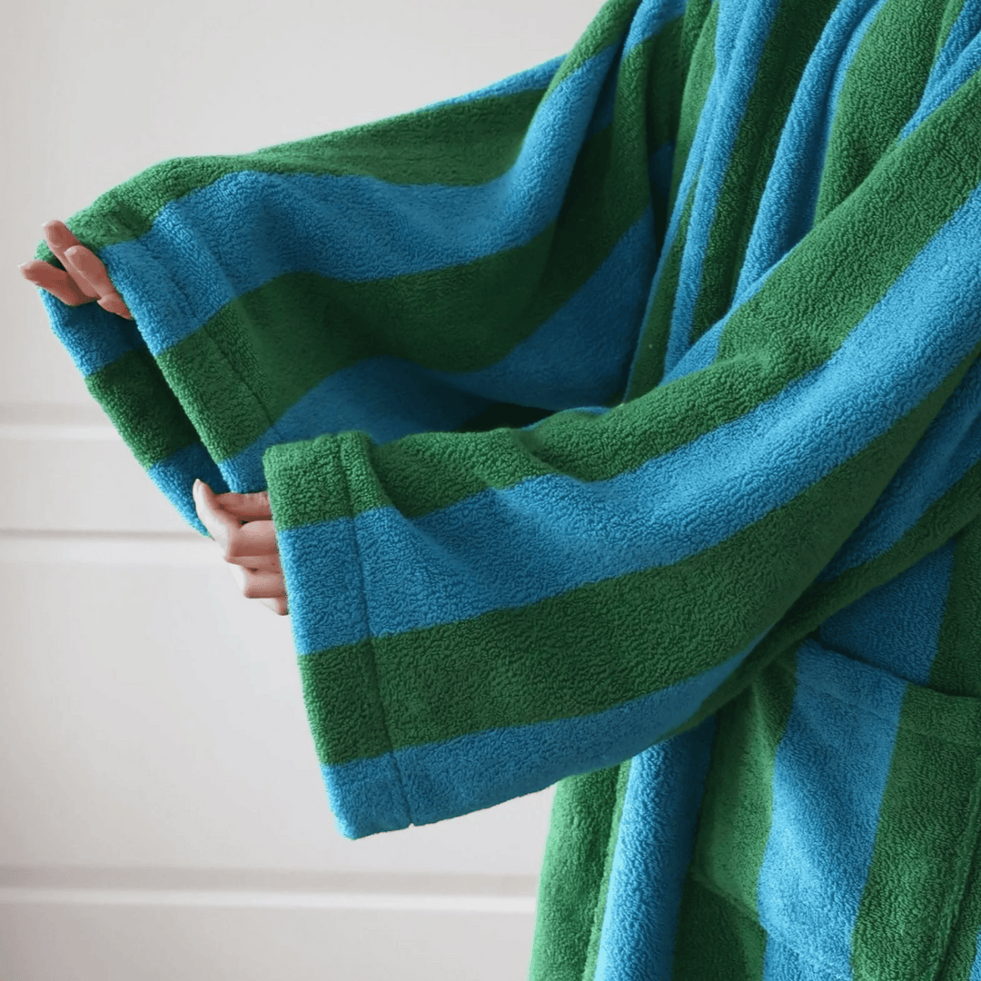 Blue & Green Hooded Cotton Bathrobe sleeve detail