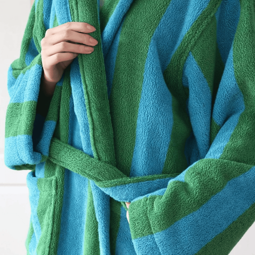 Blue & Green Hooded Cotton Bathrobe belt detail
