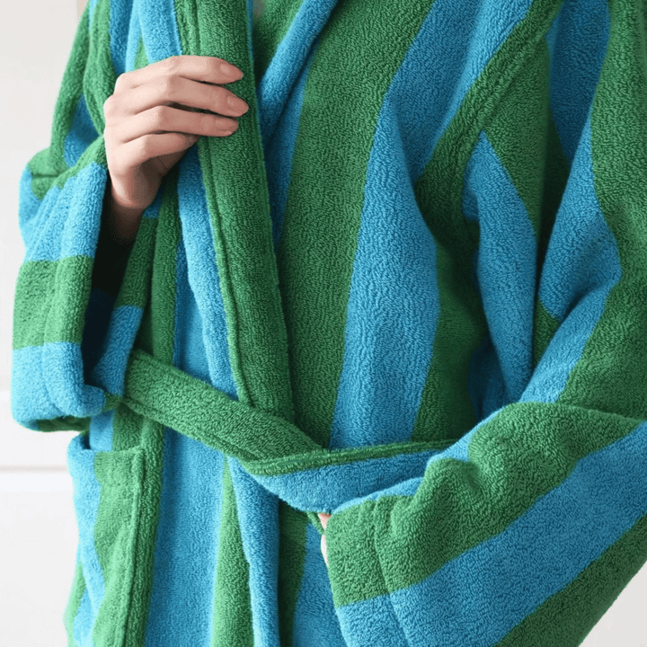 Blue & Green Hooded Cotton Bathrobe belt detail