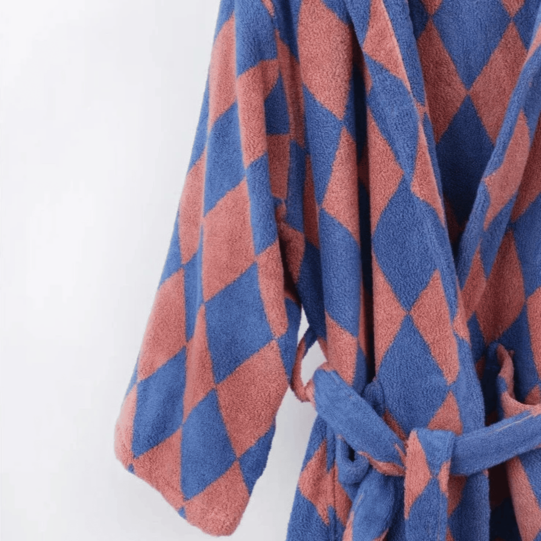 Pink & Blue Hooded Cotton Bathrobe with Diamond Jacquard front detail