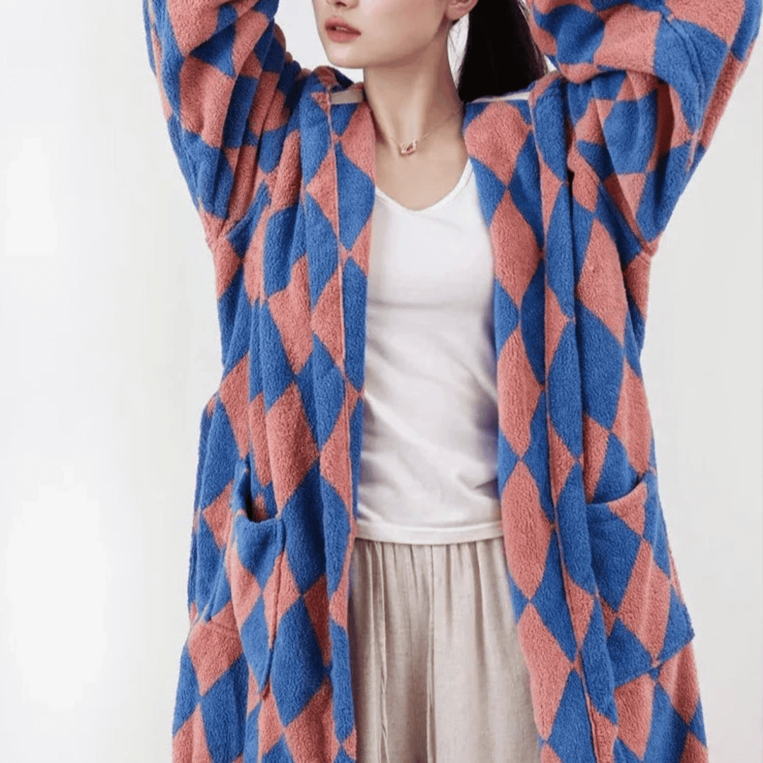 Pink & Blue Hooded Cotton Bathrobe with Diamond Jacquard front view