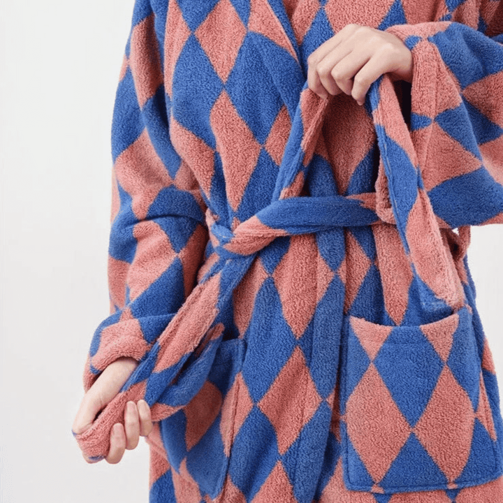 Pink & Blue Hooded Cotton Bathrobe tying the belt