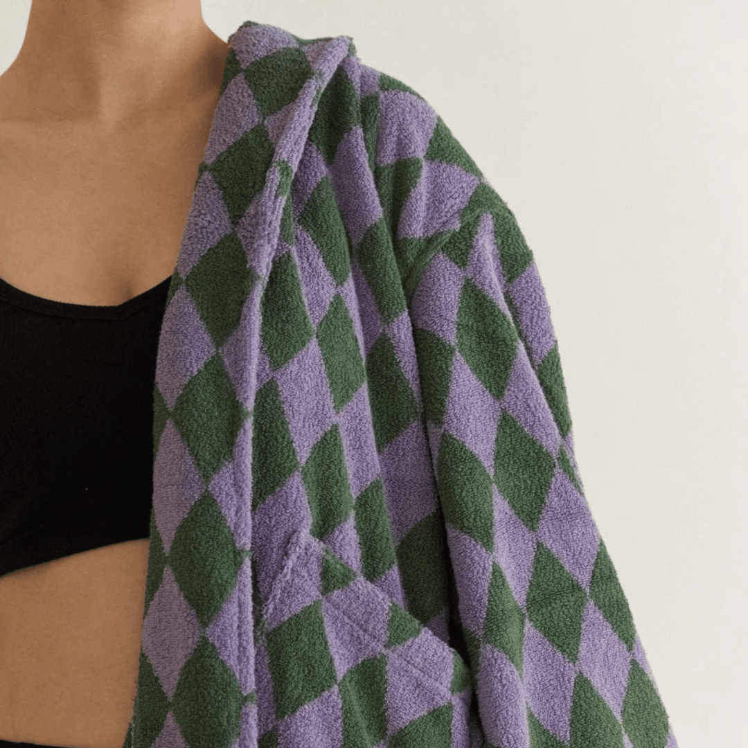 Purple & Green Hooded Cotton Bathrobe shoulder detail