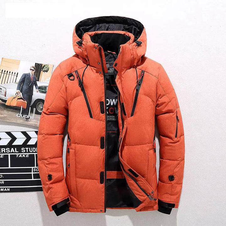Orange Hooded Down Puffer Jacket front view