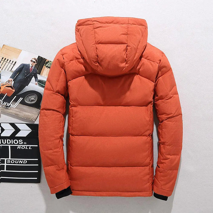 Orange Hooded Down Puffer Jacket back view