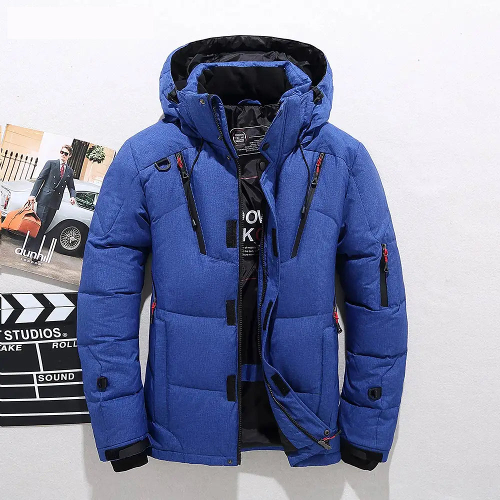 Blue Hooded Down Puffer Jacket front view