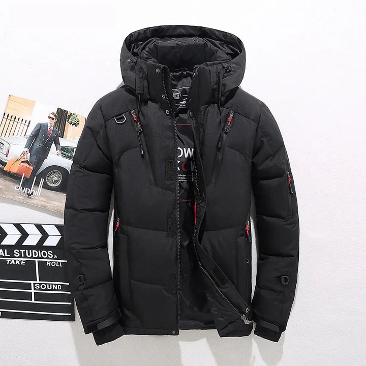 Black Hooded Down Puffer Jacket front view