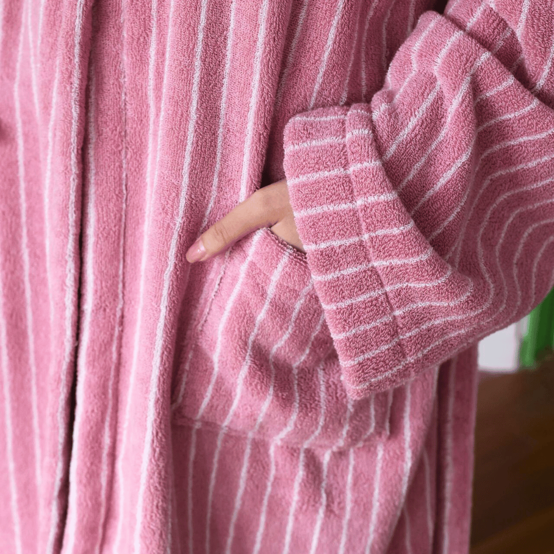Pink & White Hooded Jacquard Cotton Robe pocket detail