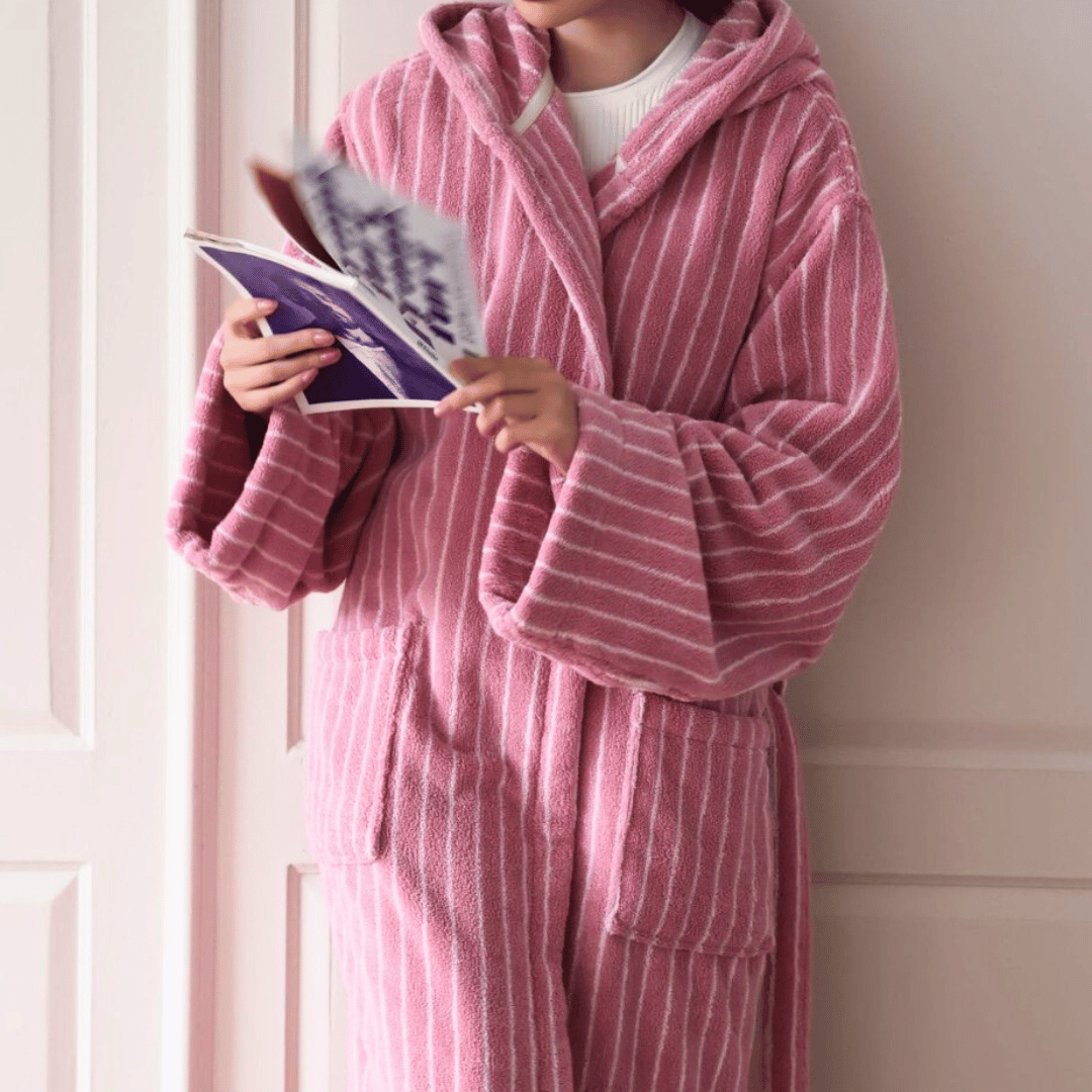 Pink & White Hooded Jacquard Cotton Robe front lifestyle