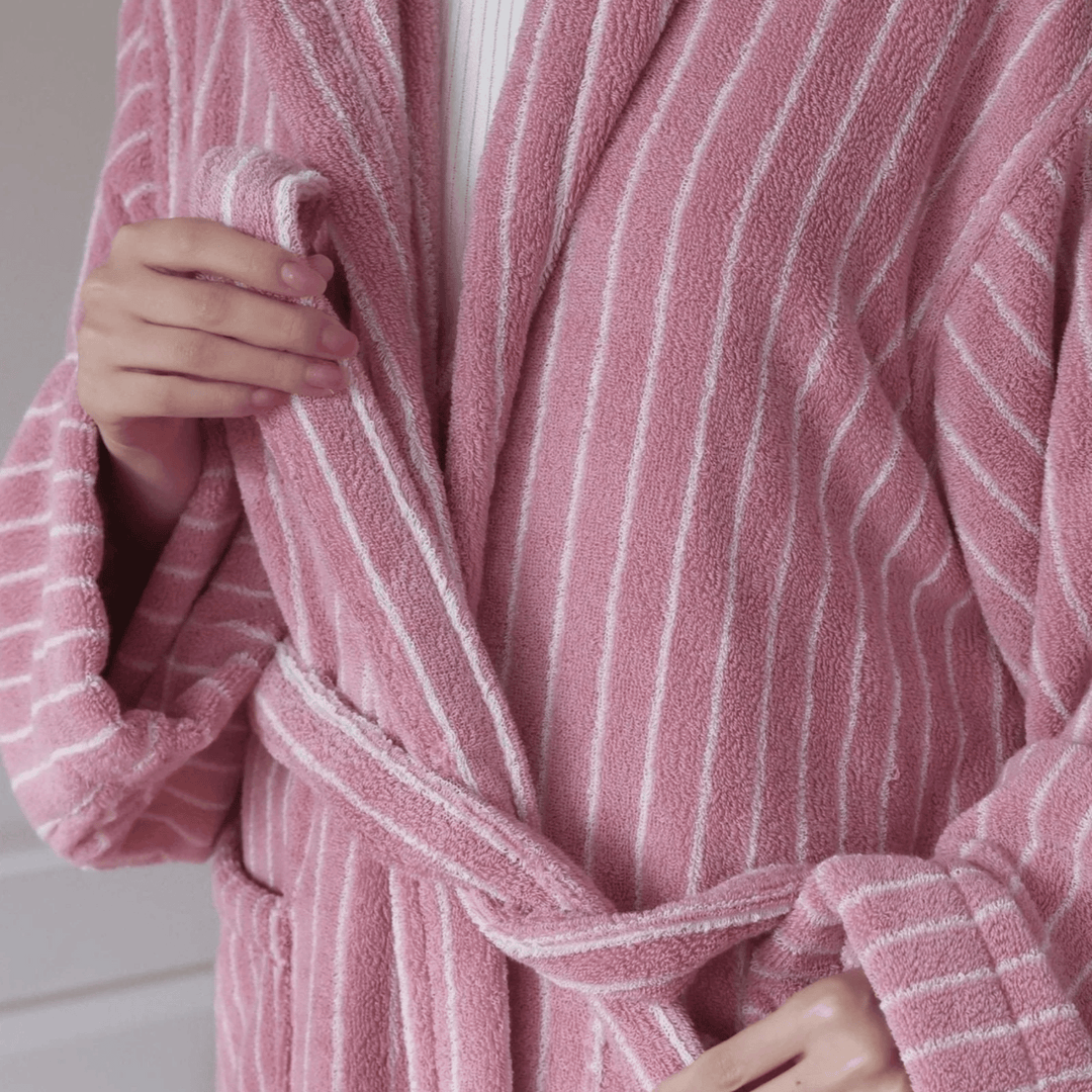 Pink & White Hooded Jacquard Cotton Robe belt detail