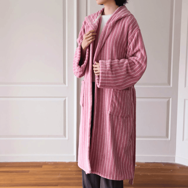 Pink & White Hooded Jacquard Cotton Robe full-length side view