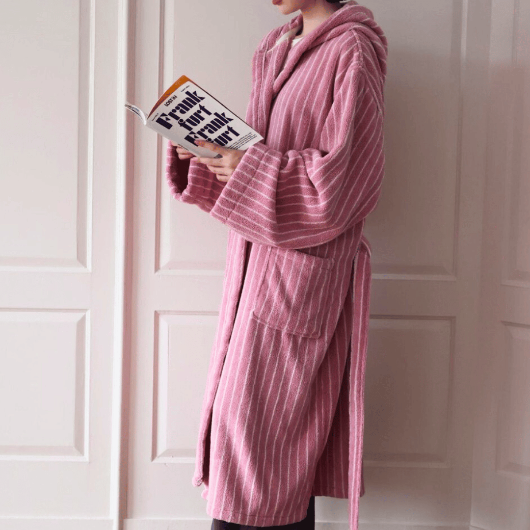Pink & White Hooded Jacquard Cotton Robe hood side view