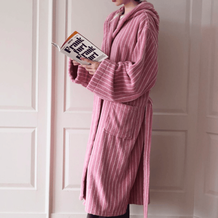 Pink & White Hooded Jacquard Cotton Robe hood side view