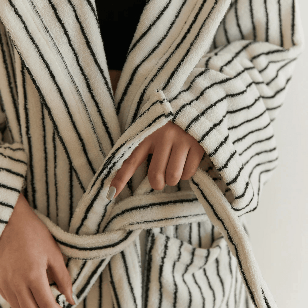 Black & White Hooded Jacquard Cotton Robe front close view