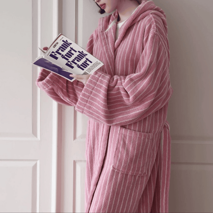 Pink & White Hooded Jacquard Cotton Robe side view