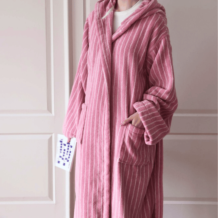 Pink & White Hooded Jacquard Cotton Robe full-length front view