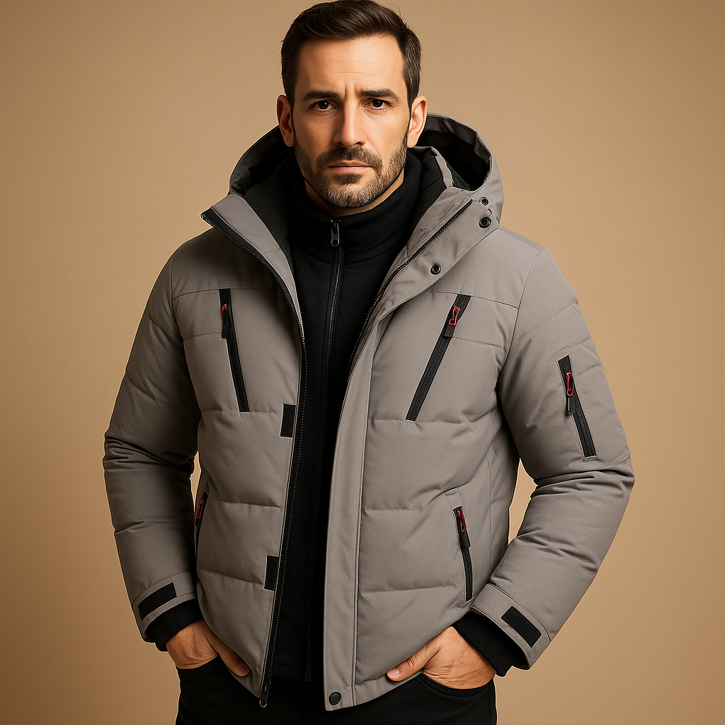 Gray Hooded Puffer Jacket with Five Zip Pockets worn front view