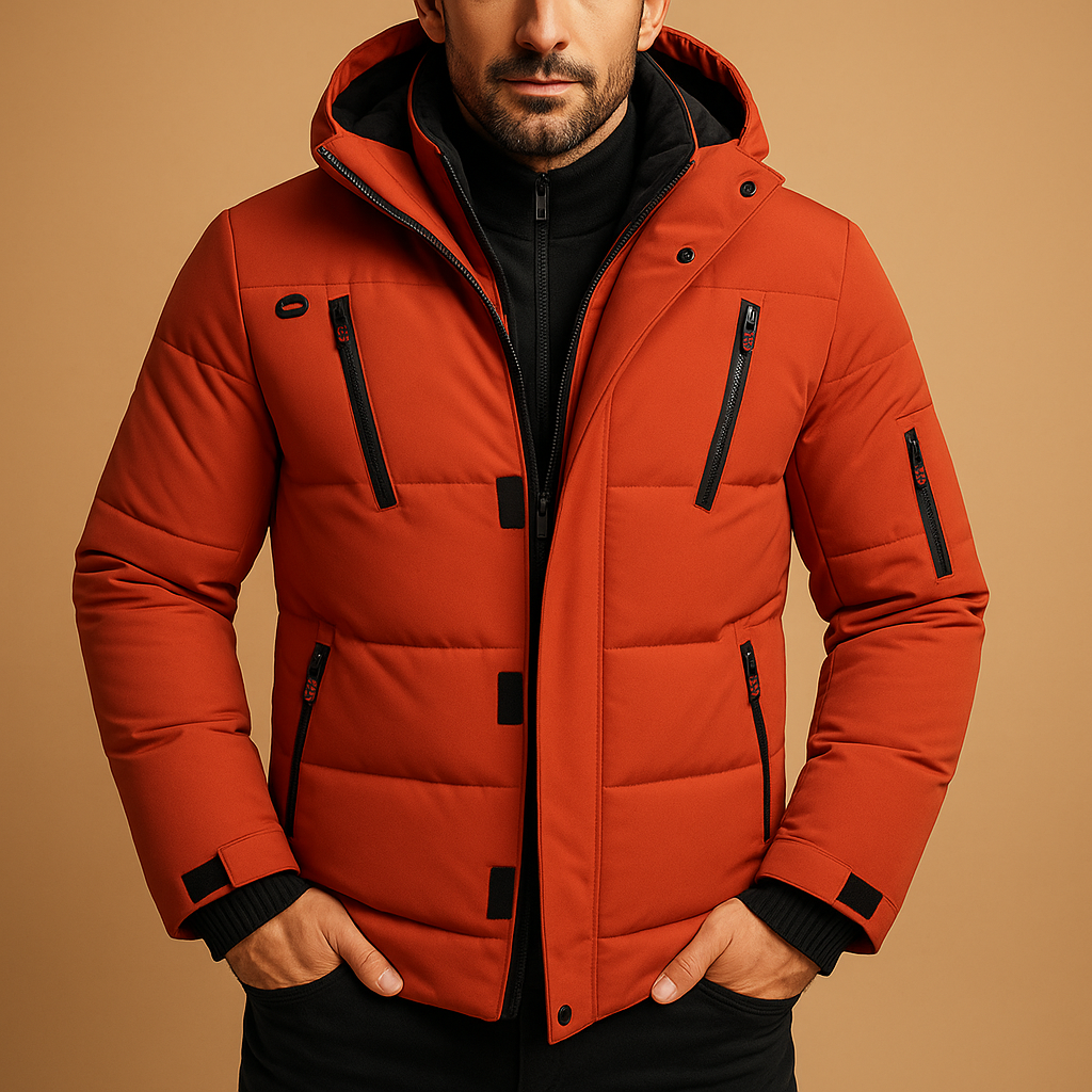 Orange Hooded Puffer Jacket with Five Zip Pockets worn front view