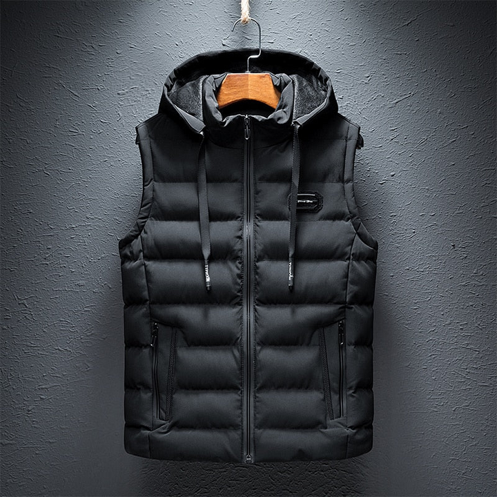 Black Hooded Puffer Vest front view