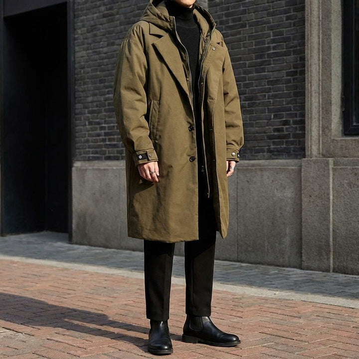 Army Green Hooded Water-Resistant Overcoat worn outfit