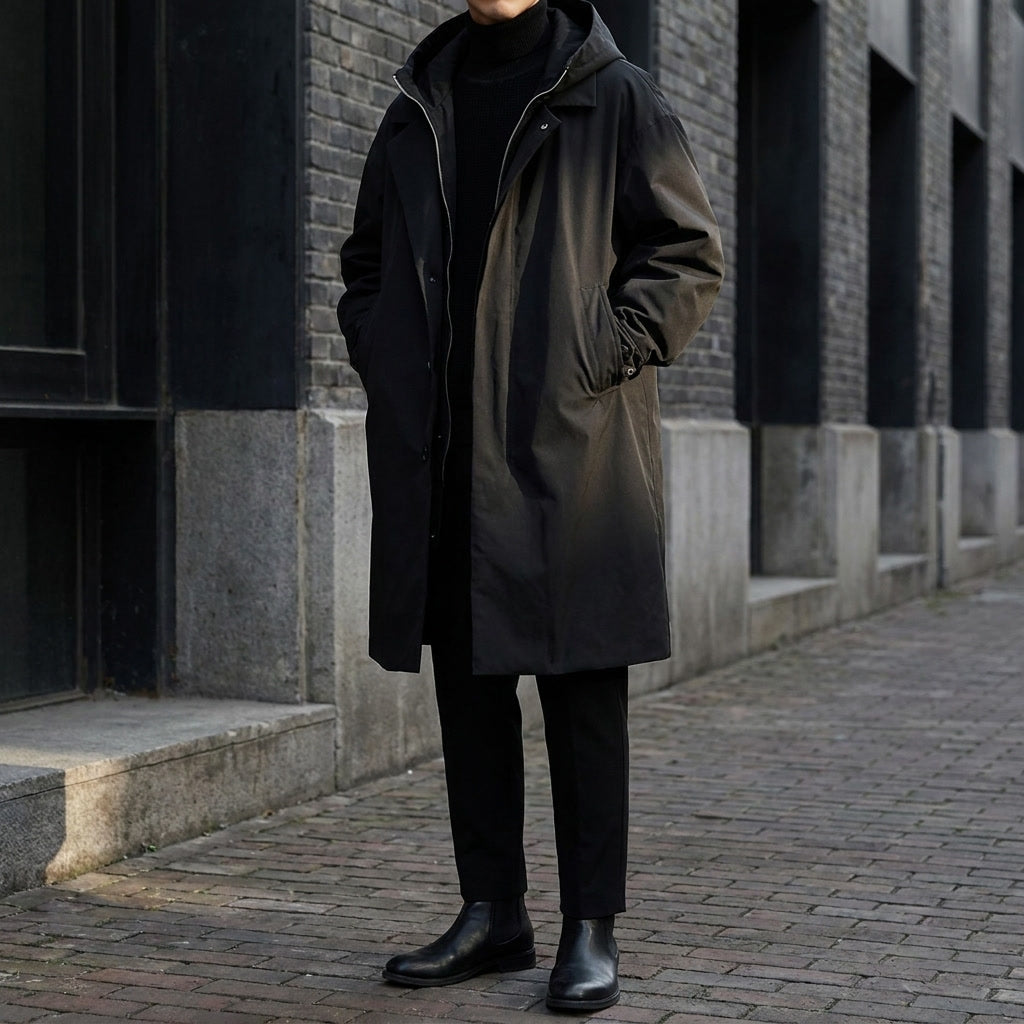 Black Hooded Water-Resistant Overcoat worn outfit