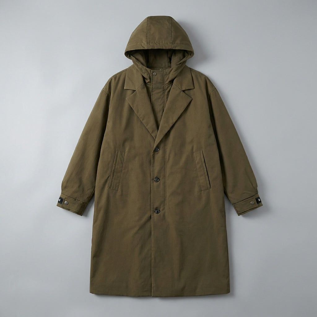 Army Green Hooded Water-Resistant Overcoat flat lay front