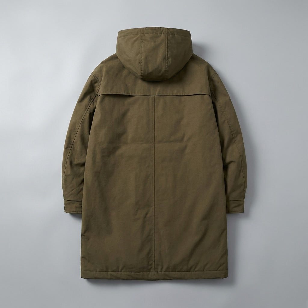 Army Green Hooded Water-Resistant Overcoat flat lay back