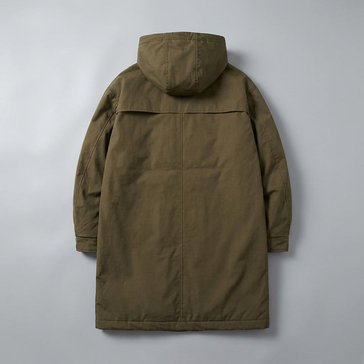 Army Green Hooded Water-Resistant Overcoat flat lay back