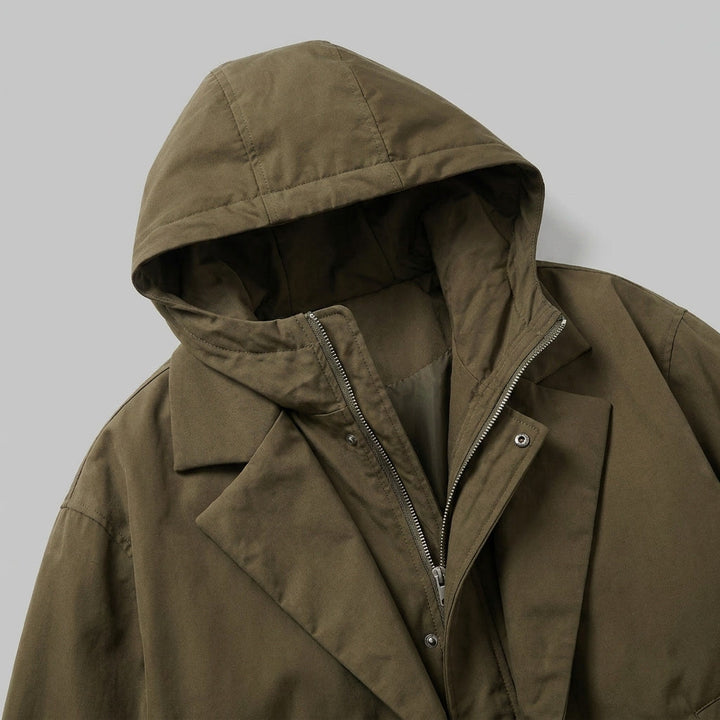 Army Green Hooded Water-Resistant Overcoat fabric detail