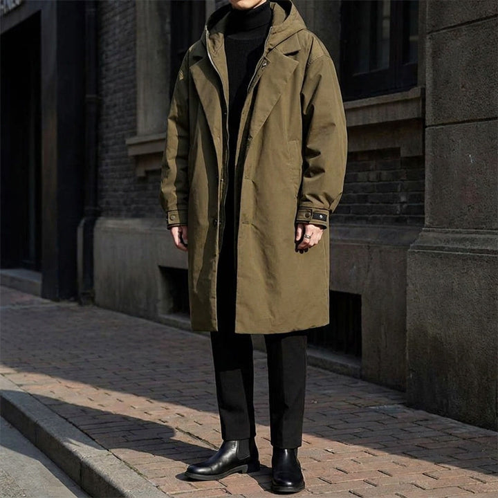 Army Green Hooded Water-Resistant Overcoat worn lifestyle
