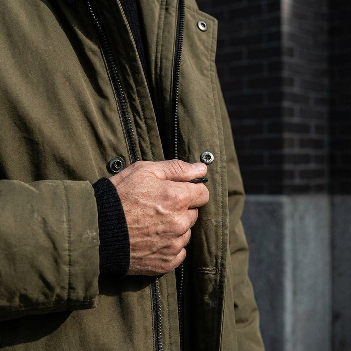 Army Green Hooded Water-Resistant Overcoat worn detail