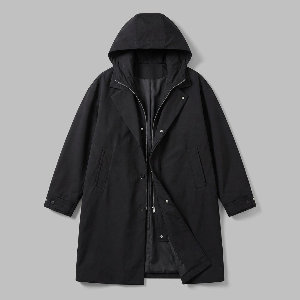 Black Hooded Water-Resistant Overcoat flat lay front