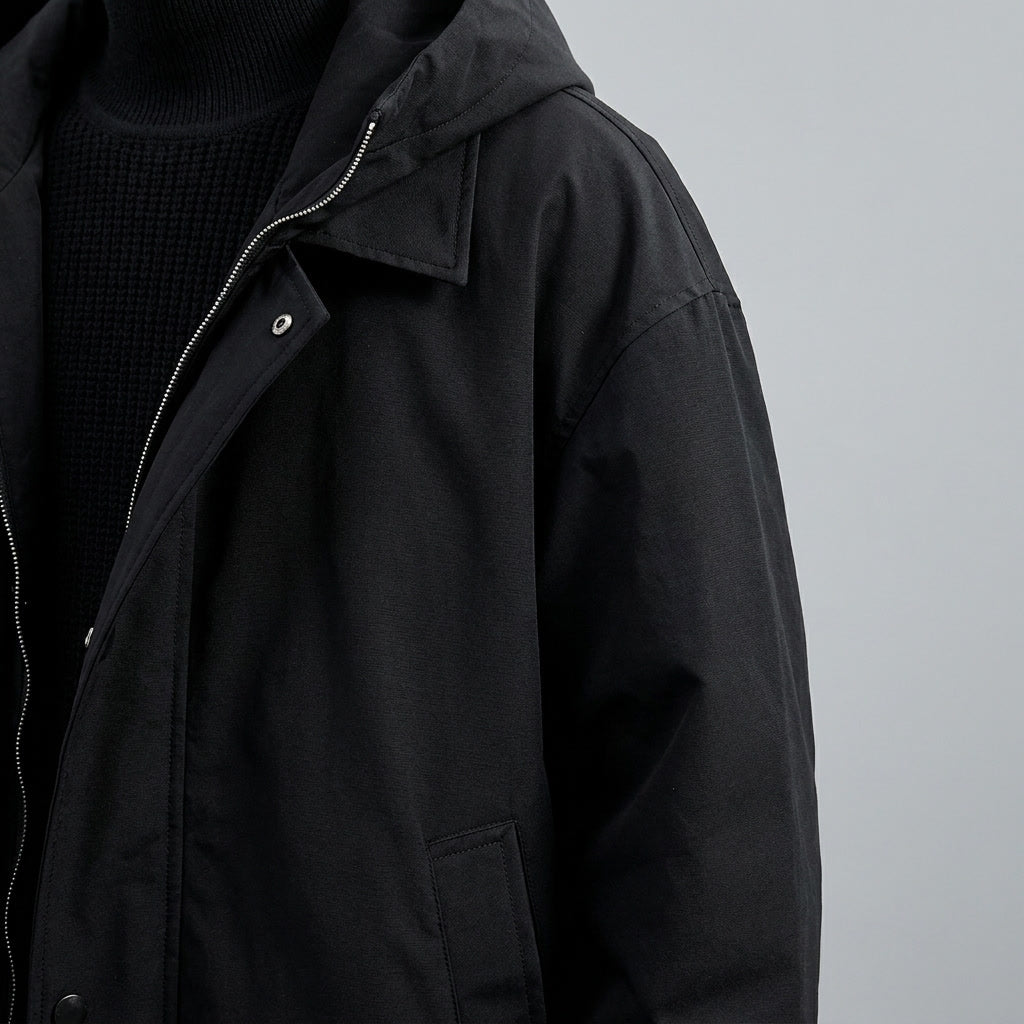 Black Hooded Water-Resistant Overcoat fabric detail