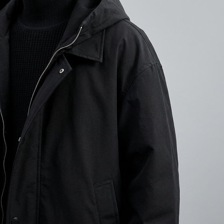 Black Hooded Water-Resistant Overcoat fabric detail