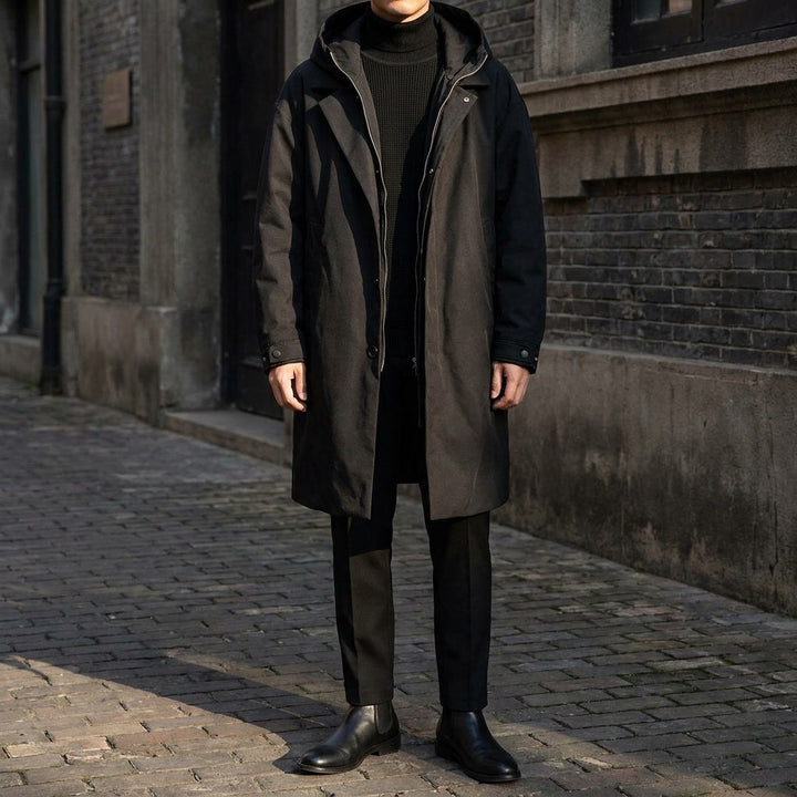 Black Hooded Water-Resistant Overcoat worn lifestyle